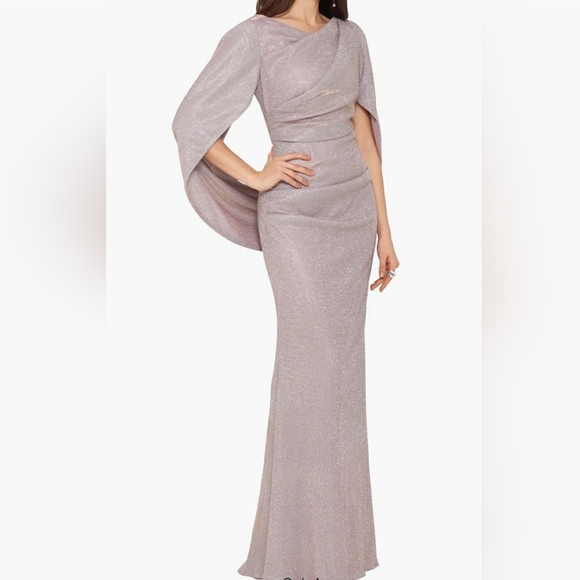Betsy & Adam Cape Sleeve Trumpet dress Gown Long metallic sparkle Cowl Neck 8 cy - Picture 1 of 9
